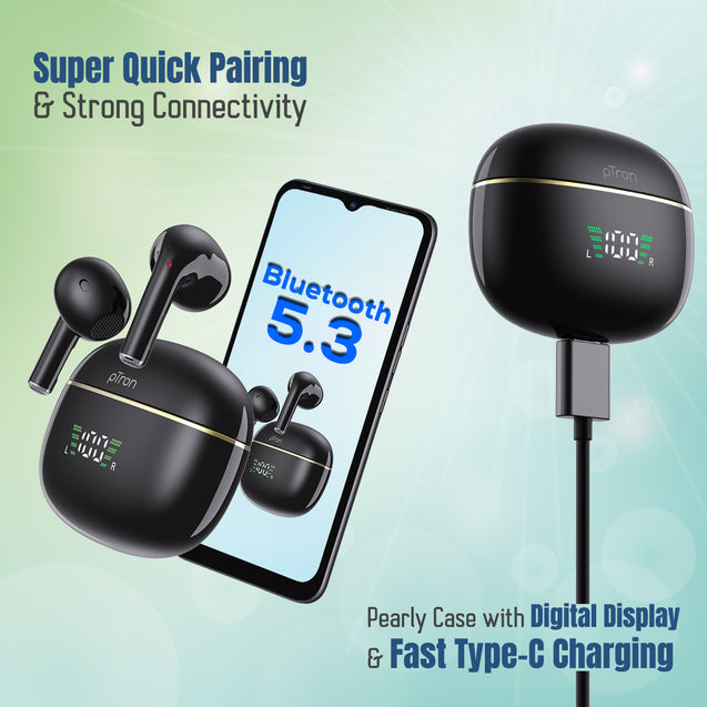 pTron Basspods P681 TWS Earbuds with TruTalk AI-ENC Calls, Hypnotic Sound, 28Hrs Playtime, Music/Game Modes, Bluetooth 5.3 in-Ear Wireless Headphones, Pinch Touch Control, Type-C Charge (Pearl Black)