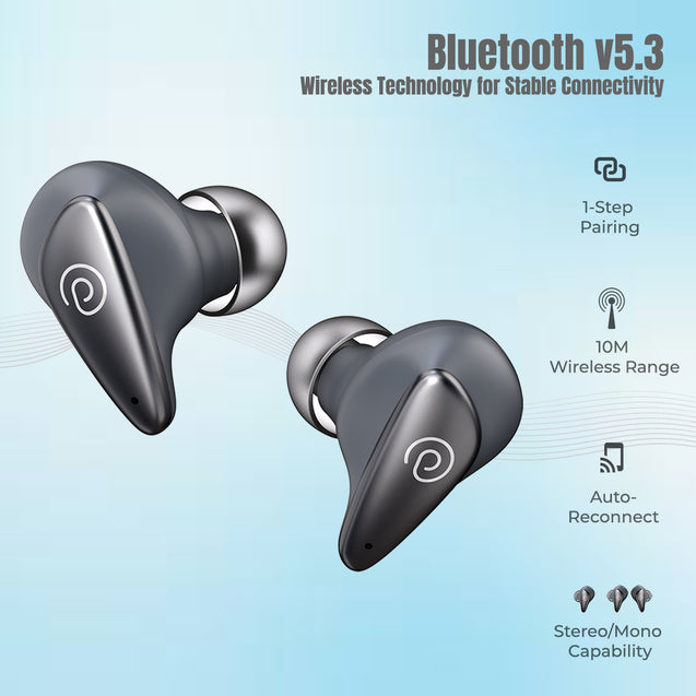 pTron Bassbuds Verse ENC Bluetooth 5.3 Wireless Headphones, 40Hrs Total Playtime, Movie Mode & Deep Bass, Low Latency in-Ear TWS Earbuds, Stereo Calls, Smooth Touch Control & Type-C Charging (Grey)