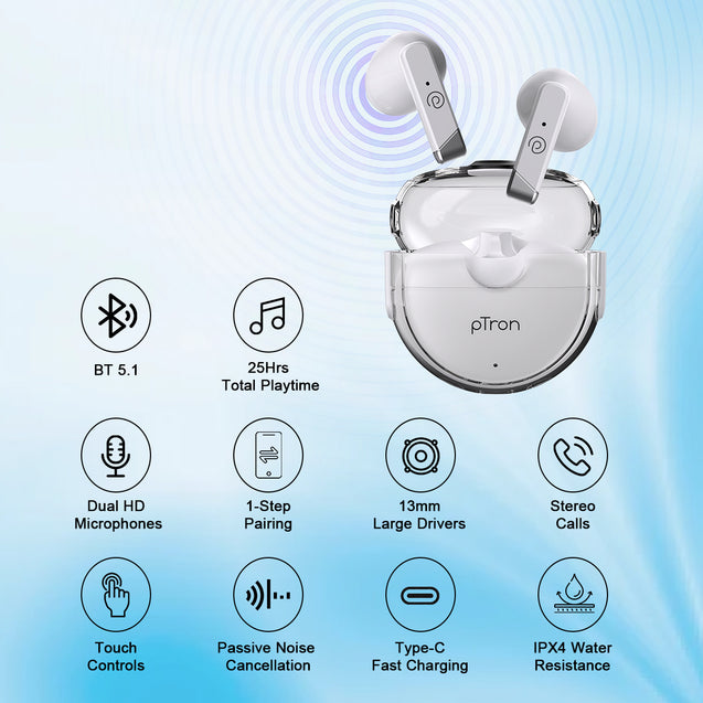 pTron Bassbuds Tunes 5.1 Bluetooth Truly Wireless in Ear Earbuds with Mic 25Hrs Playtime, 13Mm Dynamic Driver, Immersive Audio, Touch Control, Voice Assistance, Ipx4 & Type-C Charging (White)