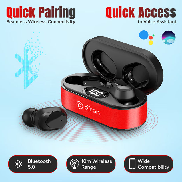 pTron Bassbuds Indie TWS Earbuds with Mic (Red & Black)