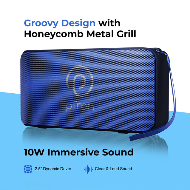 pTron Musicbot Groove Mini Bluetooth Speaker, 10W Immersive Sound, 6H Playtime, FM Radio, Multi-Playback Modes-BT5.1/TF Card/Aux-in, Metal Grill & Type-C Charging (Blue)