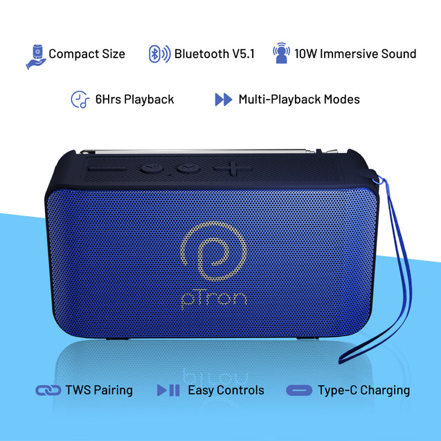 pTron Musicbot Groove Mini Bluetooth Speaker, 10W Immersive Sound, 6H Playtime, FM Radio, Multi-Playback Modes-BT5.1/TF Card/Aux-in, Metal Grill & Type-C Charging (Blue)