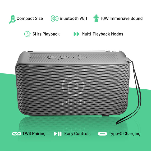 pTron Musicbot Groove Mini Bluetooth Speaker, 10W Immersive Sound, 6H Playtime, FM Radio, Multi-Playback Modes-BT5.1/TF Card/Aux-in, Metal Grill & Type-C Charging (Grey)