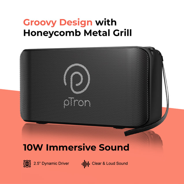pTron Musicbot Groove Mini Bluetooth Speaker, 10W Immersive Sound, 6H Playtime, FM Radio, Multi-Playback Modes-BT5.1/TF Card/Aux-in, Metal Grill & Type-C Charging (Black)