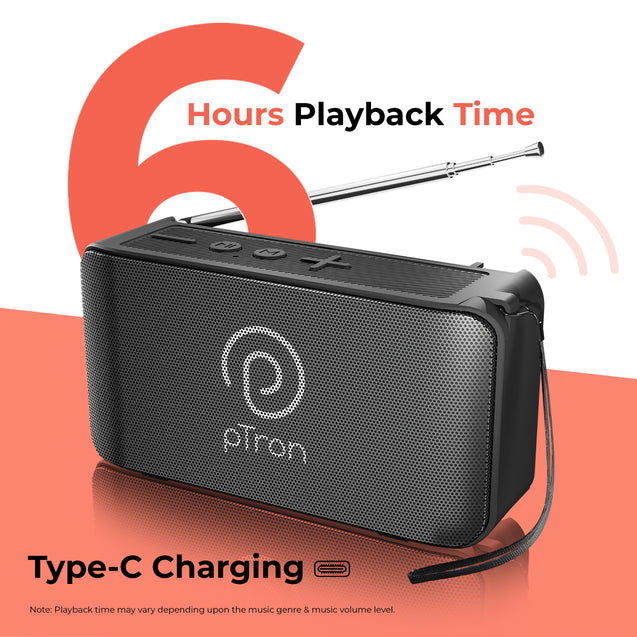 pTron Musicbot Groove Mini Bluetooth Speaker, 10W Immersive Sound, 6H Playtime, FM Radio, Multi-Playback Modes-BT5.1/TF Card/Aux-in, Metal Grill & Type-C Charging (Black)