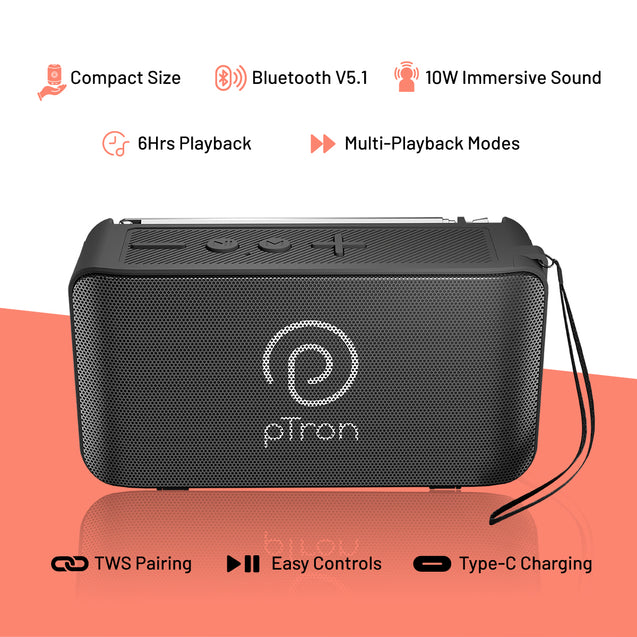 pTron Musicbot Groove Mini Bluetooth Speaker, 10W Immersive Sound, 6H Playtime, FM Radio, Multi-Playback Modes-BT5.1/TF Card/Aux-in, Metal Grill & Type-C Charging (Black)