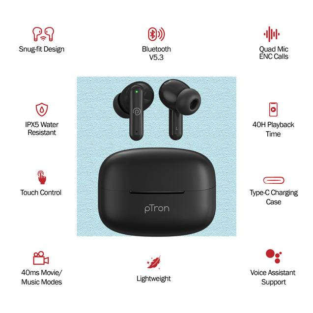 pTron Zenbuds X1 TWS Earbuds with Mic (Jet Black)