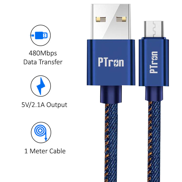 pTron Indigo Micro USB Cable, 2.1A Fast Charging Denim Cable & 1-Meter Long USB Cable - (Blue)
