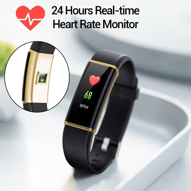 pTron Pulse Fitness Band with Heart Rate Monitor, 0.96” Color Touch Display, IP67 Waterproof, 5-7 Days Run-time, Pedometer, Sleep Monitor, Blood Pressure, Sedentary Remind (Gold & Black)