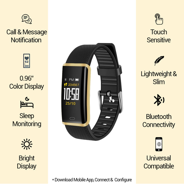 pTron Pulse Fitness Band with Heart Rate Monitor, 0.96” Color Touch Display, IP67 Waterproof, 5-7 Days Run-time, Pedometer, Sleep Monitor, Blood Pressure, Sedentary Remind (Gold & Black)