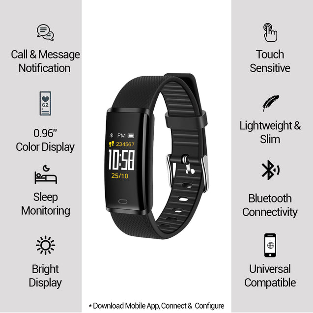 pTron Pulse Fitness Band with Heart Rate Monitor, 0.96” Color Touch Display, IP67 Waterproof, 5-7 Days Run-time, Pedometer, Sleep Monitor, Blood Pressure, Sedentary Remind (Black)
