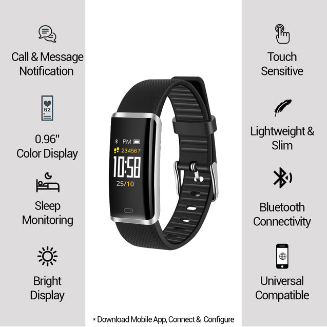 pTron Pulse Fitness Band with Heart Rate Monitor, 0.96” Color Touch Display, IP67 Waterproof, 5-7 Days Run-time, Pedometer, Sleep Monitor, Blood Pressure, Sedentary Remind (Silver & Black)