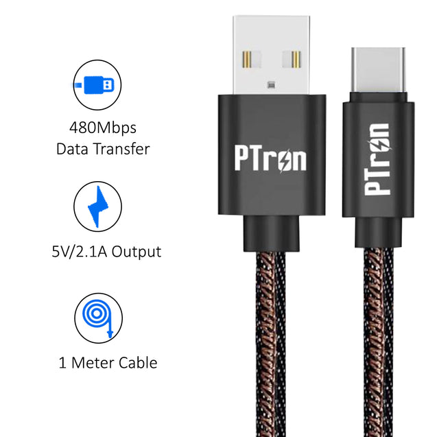 pTron Indigo Type-C USB Cable, 2.1A Fast Charging Denim Cable & 1-Meter Long USB Cable - (Black)