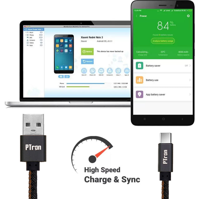 pTron Indigo Type-C USB Cable, 2.1A Fast Charging Denim Cable & 1-Meter Long USB Cable - (Black)