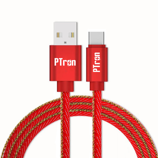 pTron Indigo Type-C USB Cable, 2.1A Fast Charging Denim Cable & 1-Meter Long USB Cable - (Red)
