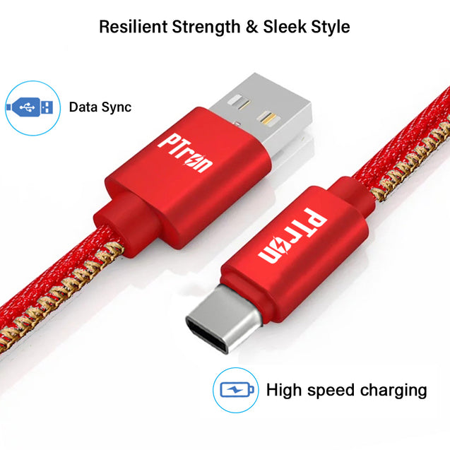 pTron Indigo Type-C USB Cable, 2.1A Fast Charging Denim Cable & 1-Meter Long USB Cable - (Red)