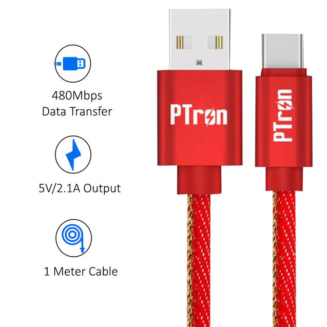 pTron Indigo Type-C USB Cable, 2.1A Fast Charging Denim Cable & 1-Meter Long USB Cable - (Red)