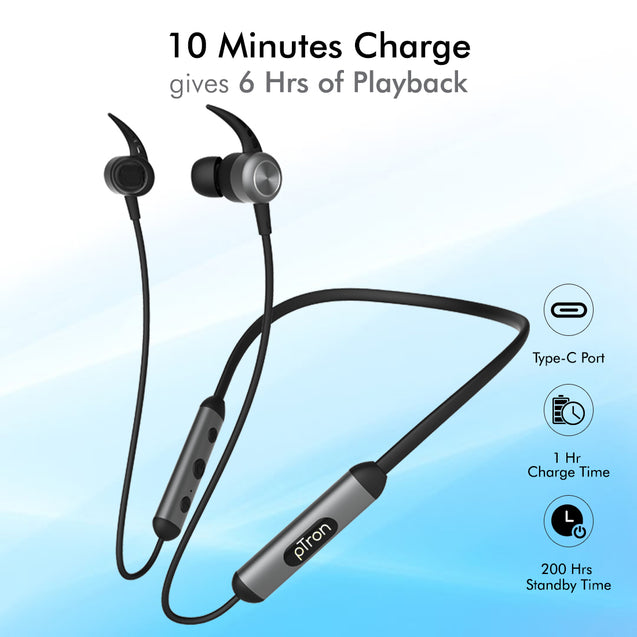 pTron Bluetooth Wireless in Ear Earphones with Mic, 18Hrs Playback, Type-C Fast Charging, Bluetooth 5.0, Deep Bass, Tangent Plus V2, Snug-Fit, Voice Assistance, with mic (Black & Grey)