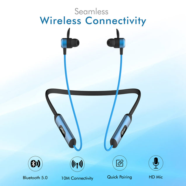 pTron Bluetooth Wireless in Ear Earphones with Mic, 18Hrs Playback, Type-C Fast Charging, Bluetooth 5.0, Deep Bass, Tangent Plus V2, Snug-Fit, Voice Assistance, with mic (Black & Blue)