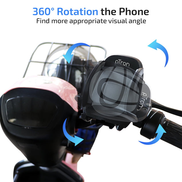 pTron Mount ST2W Universal Phone Holder Stand with 360° Rotating Handlebar, Secure & Sturdy, Anti-Shake & Stable Cradle Clamp, Easy Install for Maps & GPS Navigation (Black)