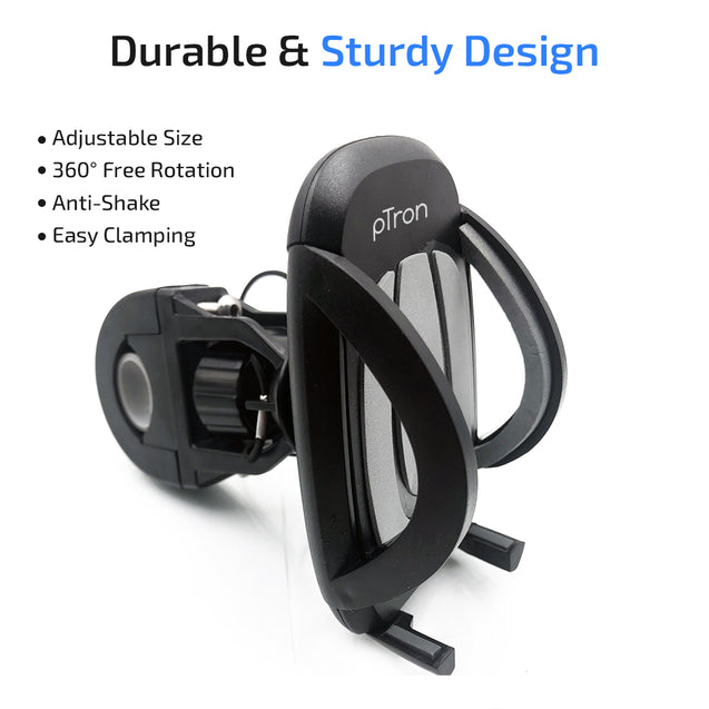 pTron Mount ST2W Universal Phone Holder Stand with 360° Rotating Handlebar, Secure & Sturdy, Anti-Shake & Stable Cradle Clamp, Easy Install for Maps & GPS Navigation (Black)