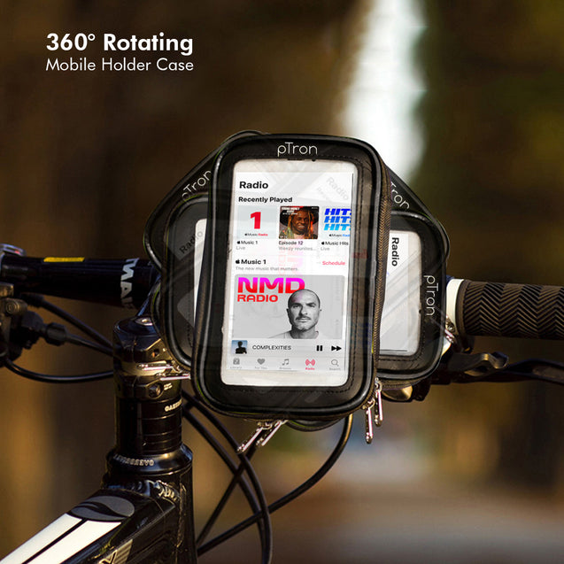 pTron Shock & Dustproof Handlebar Mount ST2B Waterproof Zip Pouch Mobile Phone Holder Case with Touch Screen, 360° Rotation for Bike/Cycle (Black)