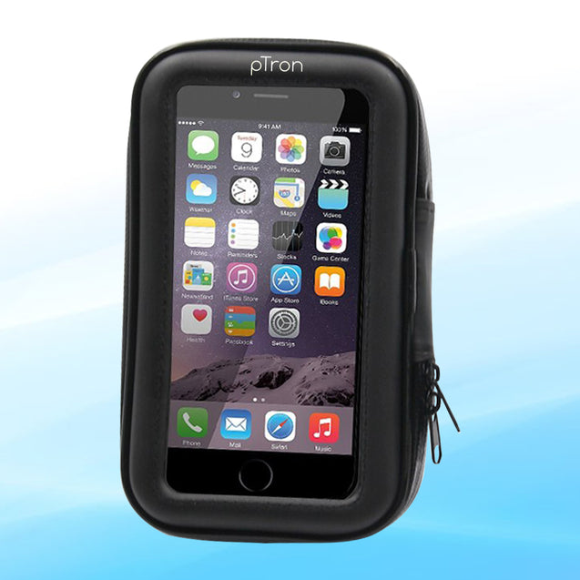 pTron Shock & Dustproof Handlebar Mount ST2B Waterproof Zip Pouch Mobile Phone Holder Case with Touch Screen, 360° Rotation for Bike/Cycle (Black)