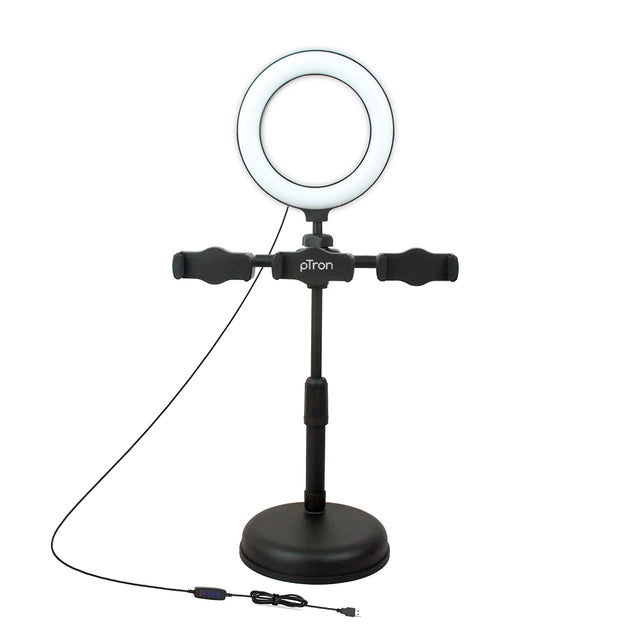 ptron Mount Dsx3 Desktop Mobile Phone Tabletop Stand with 16 Cm Selfie Ring Light, 3 Light Modes, 3 Mobile Clips, 360° Rotating Clips, 42-52 Centimeter Height & 1.85M USB Power Cable (Black)