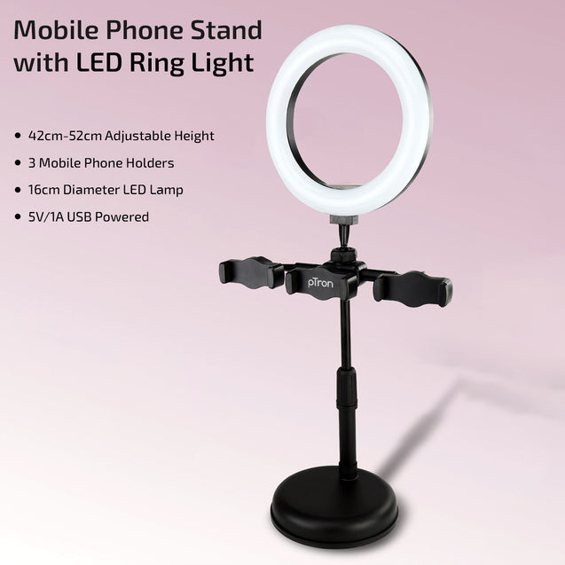 ptron Mount Dsx3 Desktop Mobile Phone Tabletop Stand with 16 Cm Selfie Ring Light, 3 Light Modes, 3 Mobile Clips, 360° Rotating Clips, 42-52 Centimeter Height & 1.85M USB Power Cable (Black)