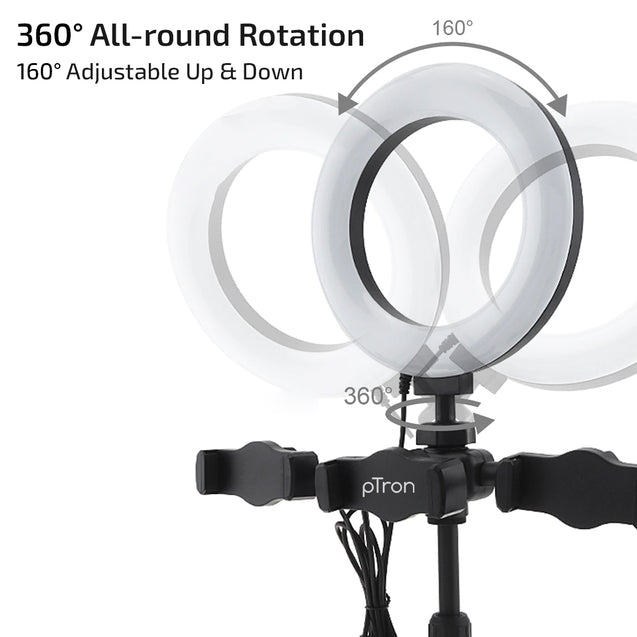 ptron Mount Dsx3 Desktop Mobile Phone Tabletop Stand with 16 Cm Selfie Ring Light, 3 Light Modes, 3 Mobile Clips, 360° Rotating Clips, 42-52 Centimeter Height & 1.85M USB Power Cable (Black)