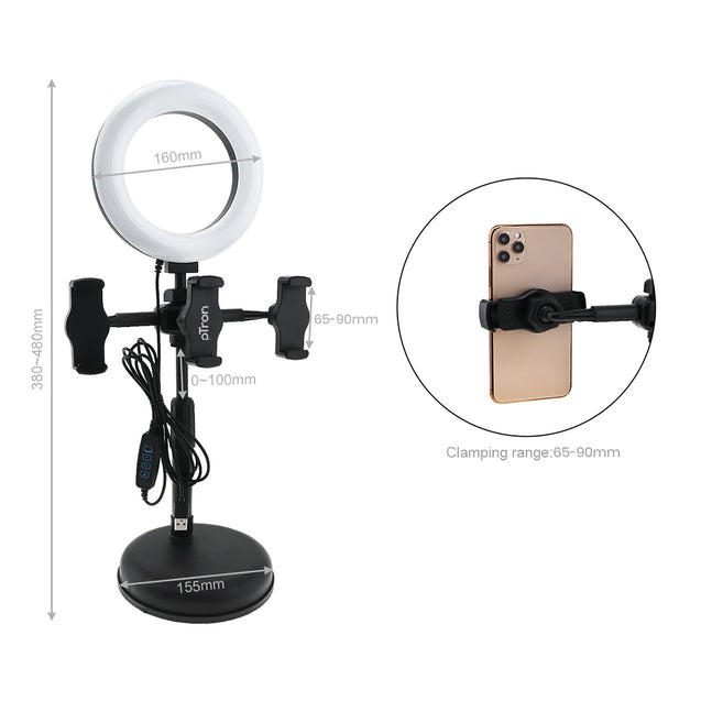 ptron Mount Dsx3 Desktop Mobile Phone Tabletop Stand with 16 Cm Selfie Ring Light, 3 Light Modes, 3 Mobile Clips, 360° Rotating Clips, 42-52 Centimeter Height & 1.85M USB Power Cable (Black)