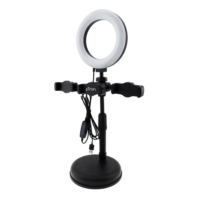 ptron Mount Dsx3 Desktop Mobile Phone Tabletop Stand with 16 Cm Selfie Ring Light, 3 Light Modes, 3 Mobile Clips, 360° Rotating Clips, 42-52 Centimeter Height & 1.85M USB Power Cable (Black)
