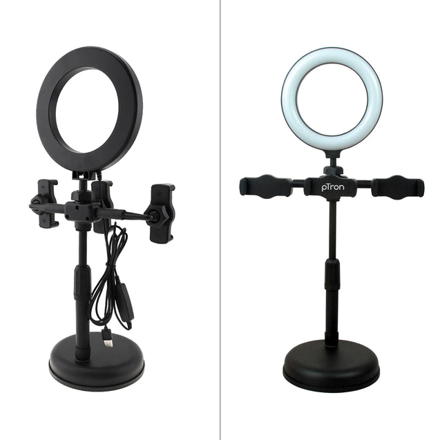 ptron Mount Dsx3 Desktop Mobile Phone Tabletop Stand with 16 Cm Selfie Ring Light, 3 Light Modes, 3 Mobile Clips, 360° Rotating Clips, 42-52 Centimeter Height & 1.85M USB Power Cable (Black)