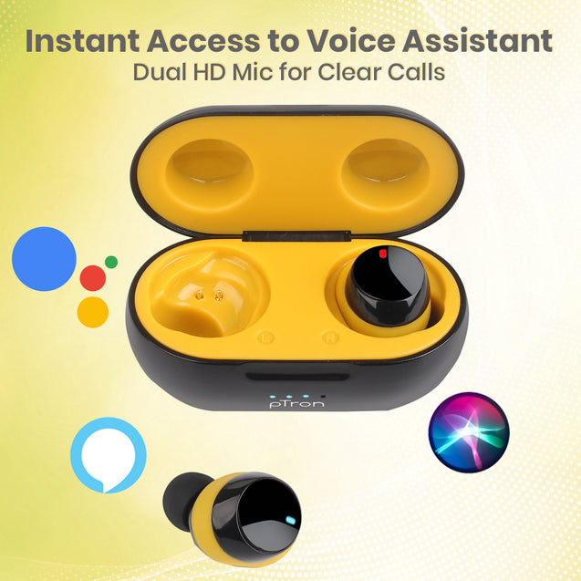 pTron Bassbuds Evo Bluetooth Truly Wireless in Ear Earbuds with mic (Black & Yellow)
