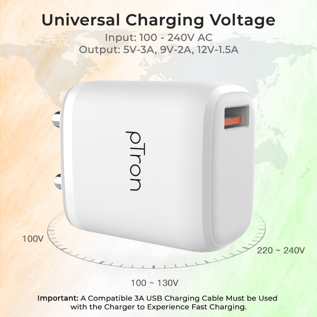 pTron Volta FC11 QC3.0 18W USB Smart Charger, Compatible with VOOC Dash & WARP, BIS Certified, Auto-detect Technology, Made in India Fast Charging Power Adaptor Without Cable (White)