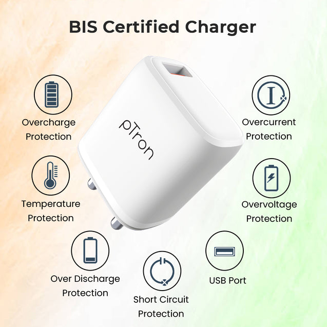 pTron Volta FC11 QC3.0 18W USB Smart Charger, Compatible with VOOC Dash & WARP, BIS Certified, Auto-detect Technology, Made in India Fast Charging Power Adaptor Without Cable (White)