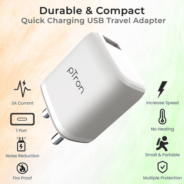pTron Volta FC11 QC3.0 18W USB Smart Charger, Compatible with VOOC Dash & WARP, BIS Certified, Auto-detect Technology, Made in India Fast Charging Power Adaptor Without Cable (White)