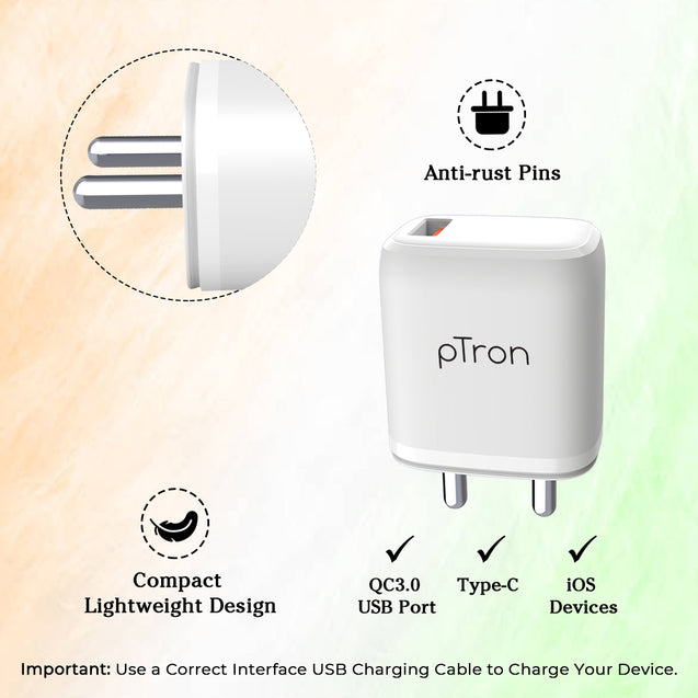 pTron Volta FC11 QC3.0 18W USB Smart Charger, Compatible with VOOC Dash & WARP, BIS Certified, Auto-detect Technology, Made in India Fast Charging Power Adaptor Without Cable (White)