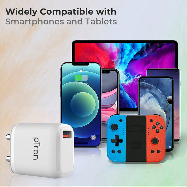 pTron Volta FC11 QC3.0 18W USB Smart Charger, Compatible with VOOC Dash & WARP, BIS Certified, Auto-detect Technology, Made in India Fast Charging Power Adaptor Without Cable (White)