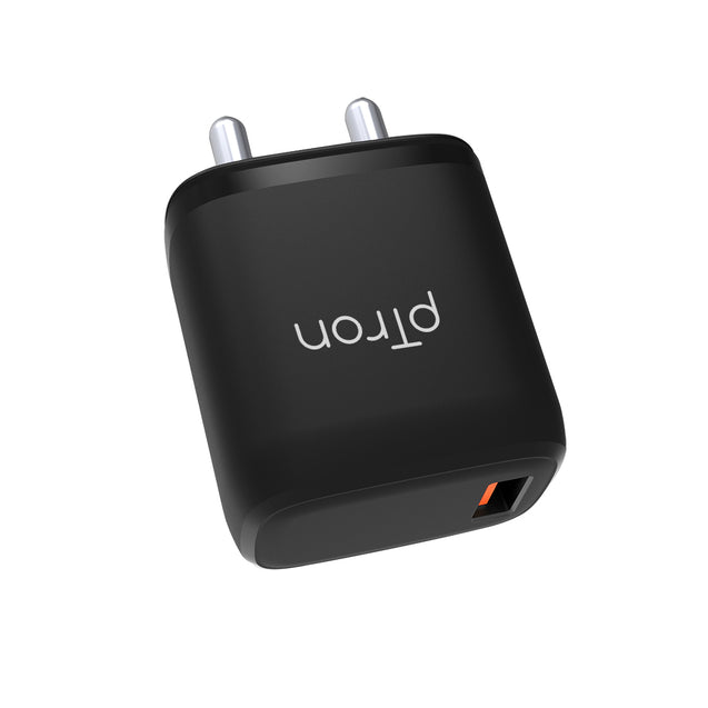 pTron Volta FC11 QC3.0 18W USB Smart Charger, Compatible with VOOC Dash & WARP, BIS Certified, Auto-detect Technology, Made in India Fast Charging Power Adaptor Without Cable (Black)