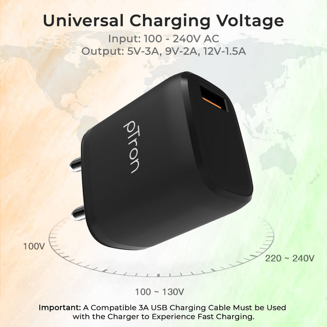 pTron Volta FC11 QC3.0 18W USB Smart Charger, Compatible with VOOC Dash & WARP, BIS Certified, Auto-detect Technology, Made in India Fast Charging Power Adaptor Without Cable (Black)