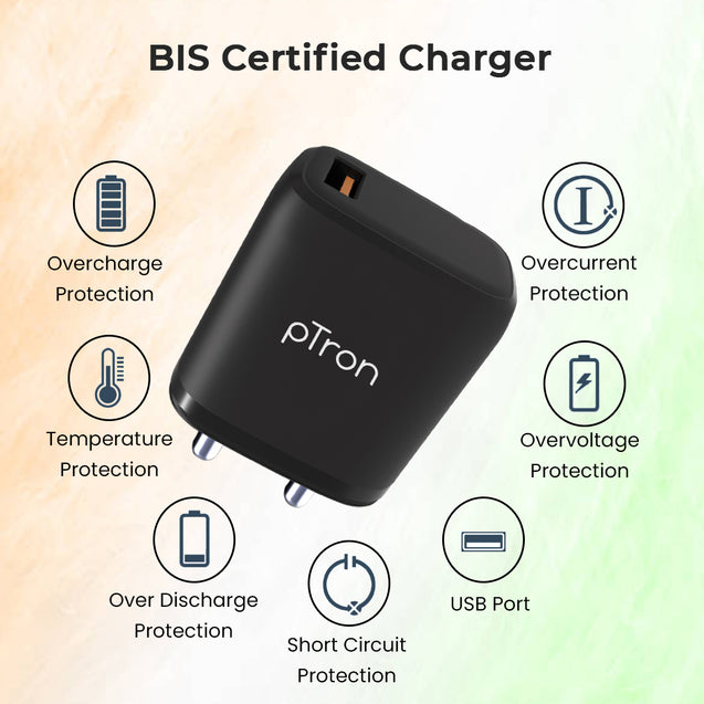 pTron Volta FC11 QC3.0 18W USB Smart Charger, Compatible with VOOC Dash & WARP, BIS Certified, Auto-detect Technology, Made in India Fast Charging Power Adaptor Without Cable (Black)