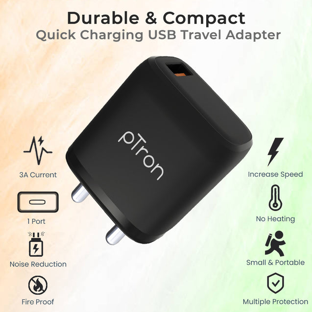 pTron Volta FC11 QC3.0 18W USB Smart Charger, Compatible with VOOC Dash & WARP, BIS Certified, Auto-detect Technology, Made in India Fast Charging Power Adaptor Without Cable (Black)