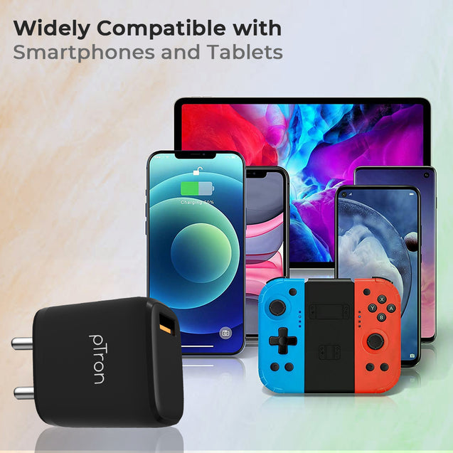 pTron Volta FC11 QC3.0 18W USB Smart Charger, Compatible with VOOC Dash & WARP, BIS Certified, Auto-detect Technology, Made in India Fast Charging Power Adaptor Without Cable (Black)