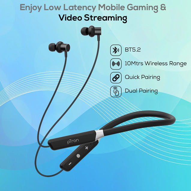 pTron InTunes Pro ENC (Environment Noise Cancellation) Bluetooth 5.2 Wireless Headphones, 24Hrs Playtime, Low Latency, Deep Bass, Crystal Clear Calls, IPX4 Water Resistant & Voice Assistance (Black)