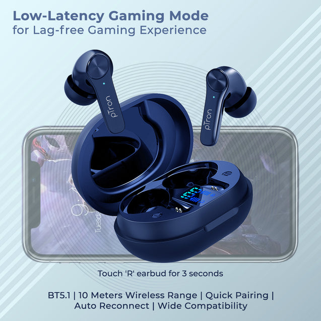 pTron Basspods P481 Pro Active Noise Cancellation (ANC) Wireless Earphones, Gaming Mode, Transparency Mode, Deep Bass, Touch Control TWS, BT5.1, Type C Fast Charging & IPX4 Water-Resistant (Blue)