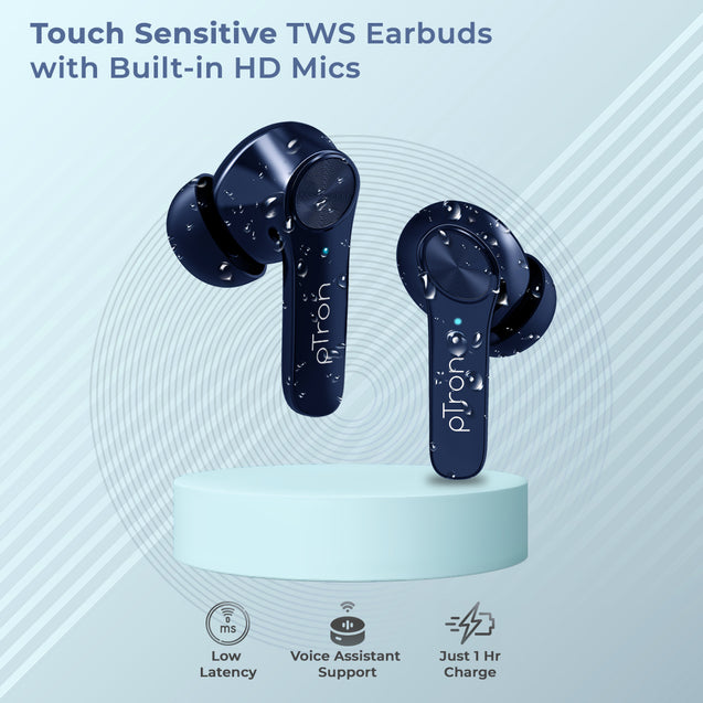 pTron Basspods P481 Pro Active Noise Cancellation (ANC) Wireless Earphones, Gaming Mode, Transparency Mode, Deep Bass, Touch Control TWS, BT5.1, Type C Fast Charging & IPX4 Water-Resistant (Blue)