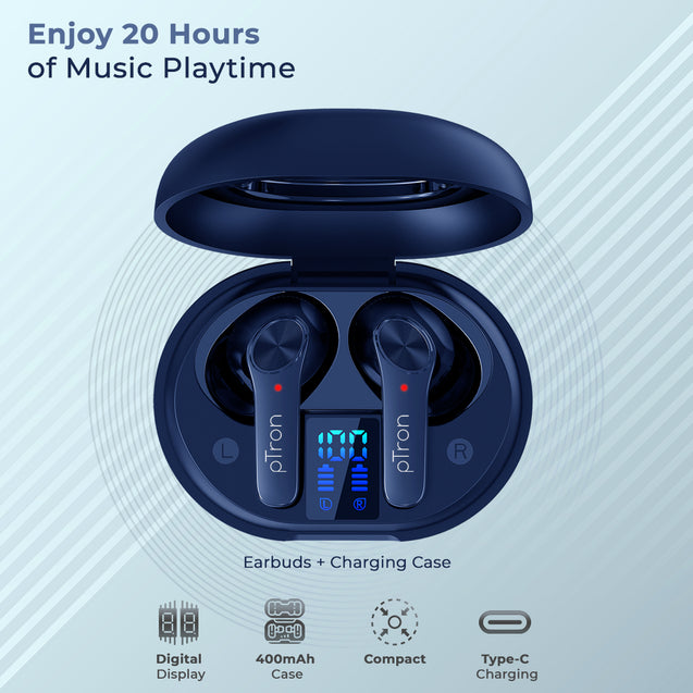 pTron Basspods P481 Pro Active Noise Cancellation (ANC) Wireless Earphones, Gaming Mode, Transparency Mode, Deep Bass, Touch Control TWS, BT5.1, Type C Fast Charging & IPX4 Water-Resistant (Blue)
