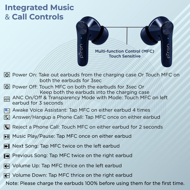 pTron Basspods P481 Pro Active Noise Cancellation (ANC) Wireless Earphones, Gaming Mode, Transparency Mode, Deep Bass, Touch Control TWS, BT5.1, Type C Fast Charging & IPX4 Water-Resistant (Blue)