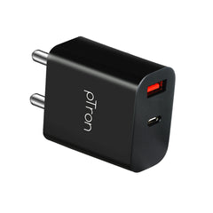 pTron Volta FC15 20W Dual Port USB & Type-C (PD) Fast Charger, BIS Certified Wall Adapter for iPhone 12/12 Pro/12 Mini/12 Pro Max/11/XS/XR/X/8/Plus, iPad Pro, Galaxy 10/9/8 (Cable Not Included, Black)